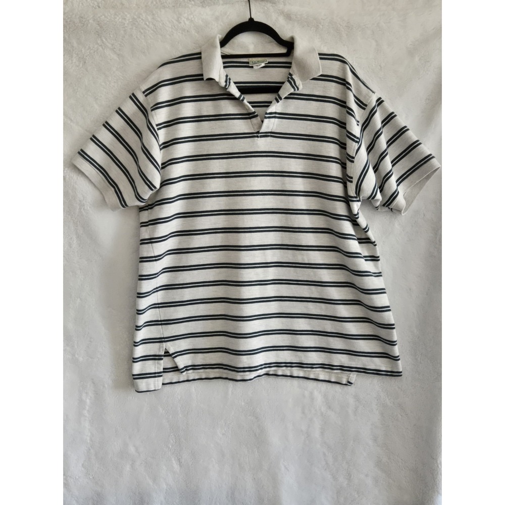 L. L. Bean "Double L" Men's XXL Polo Ivory With Green Stripes‎ Vintage 1990's